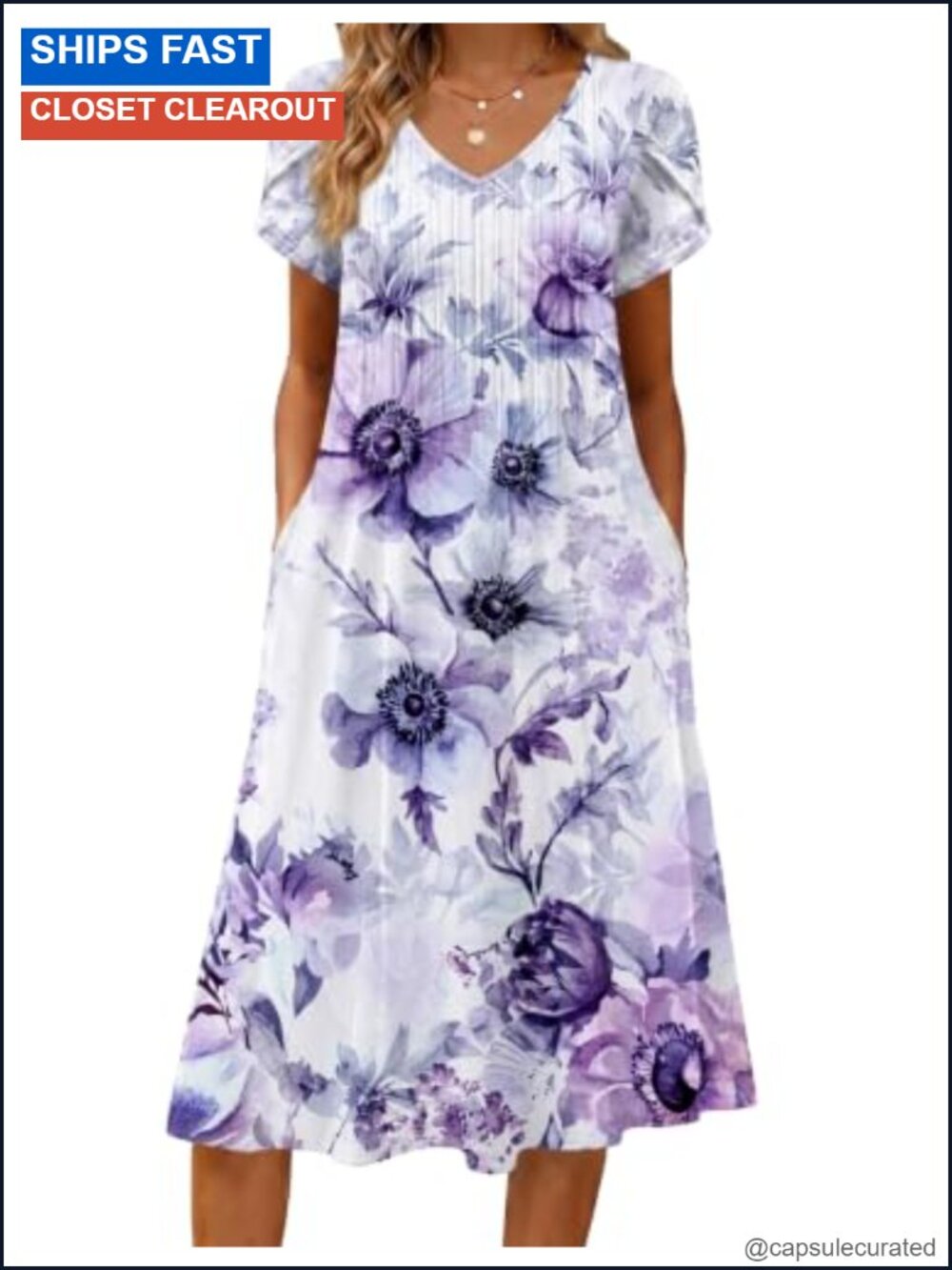 Women's Pleated Midi A-Line Dress Short Sleeve V-Neck Sundress with Pockets